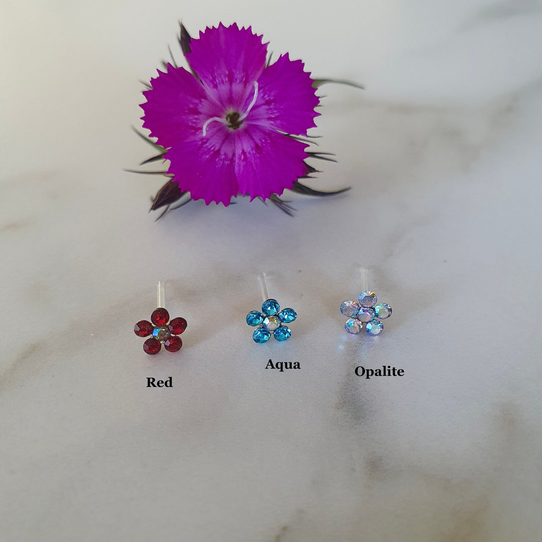 Flexible Bioplast Crystal Flower Lobe, Nose, Labret, Cartilage Stud Piercing, Hypoallergenic Studs, 20G