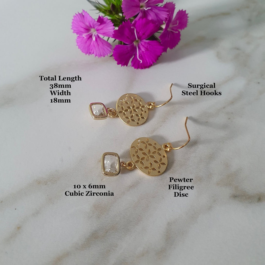 Gold Filigree And Clear Cubic Zirconia Drop Earrings