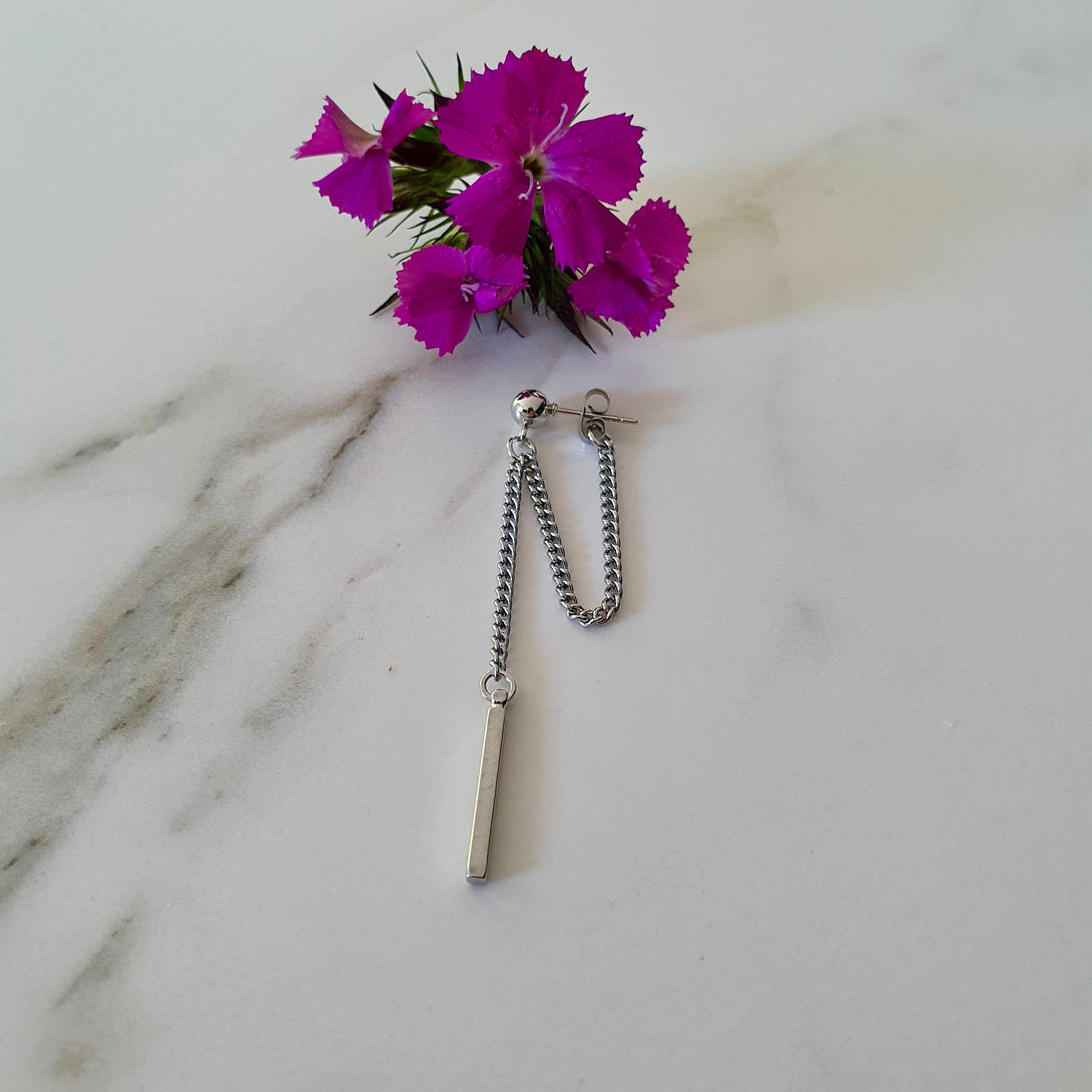 Single Titanium Double Chain Stud Earring, Feather, Bar, Cross Earrings