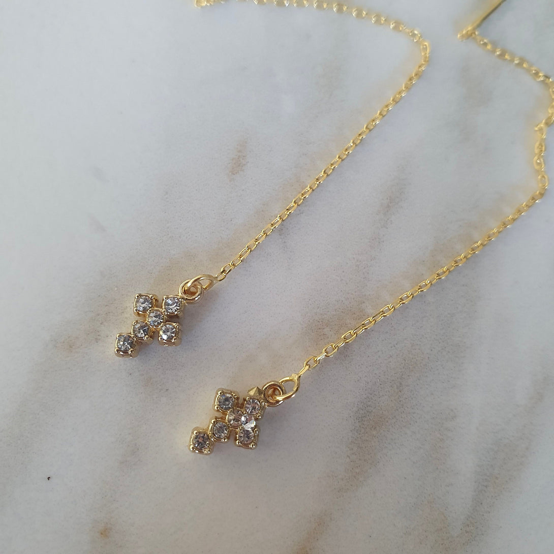 Mini CZ Cross Threader Earrings In Gold Plated Sterling Silver