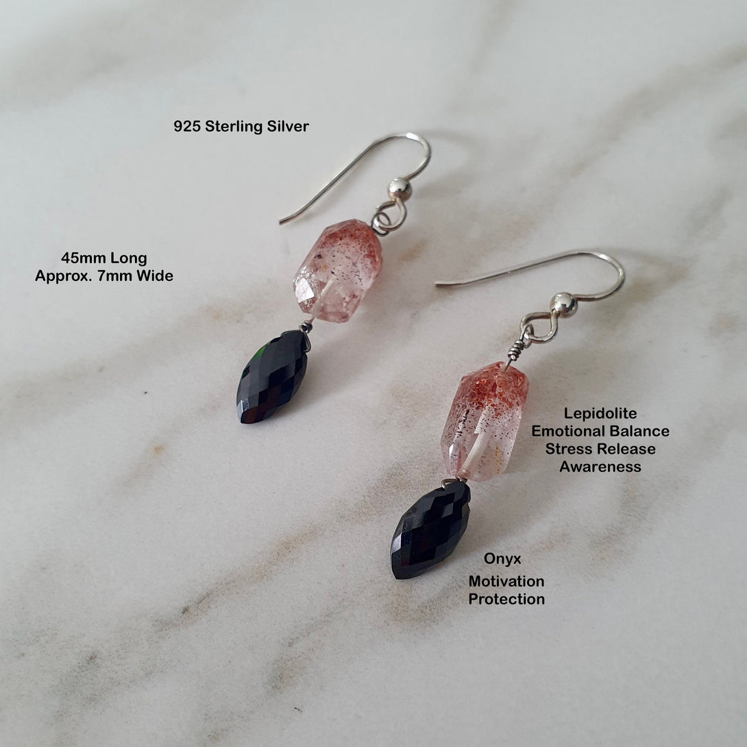 Onyx And Lepidolite Drop Earrings In Sterling Silver, Symbolic December Birthstone Jewellery