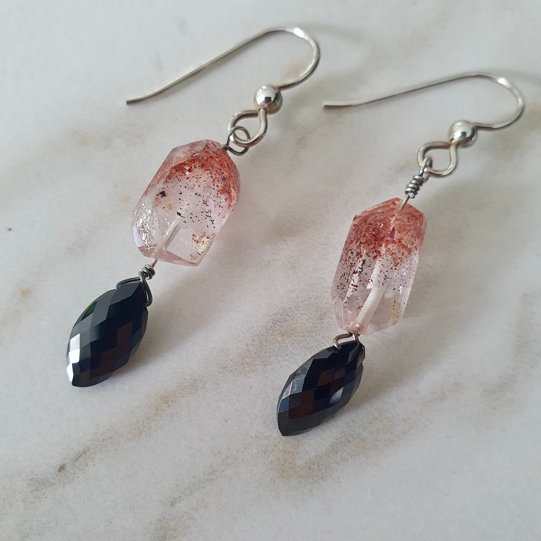 Onyx And Lepidolite Drop Earrings In Sterling Silver, Symbolic December Birthstone Jewellery