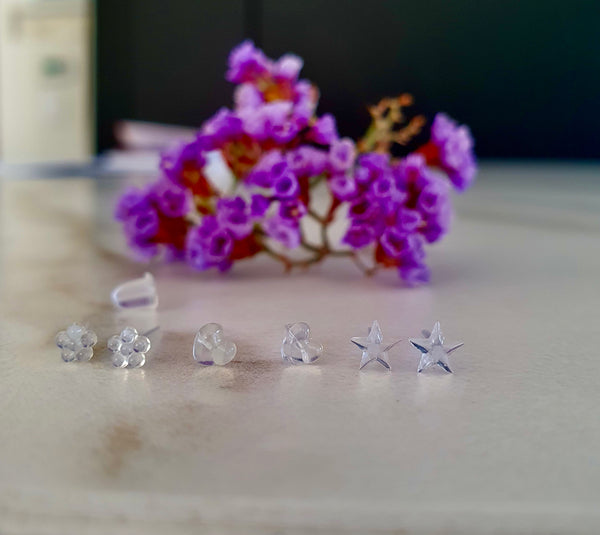 Invisible Stud Earrings, Star, Flower Or Heart For Work Or School, Hide My Piercing, Clear Nose Bone Stud, PAIR