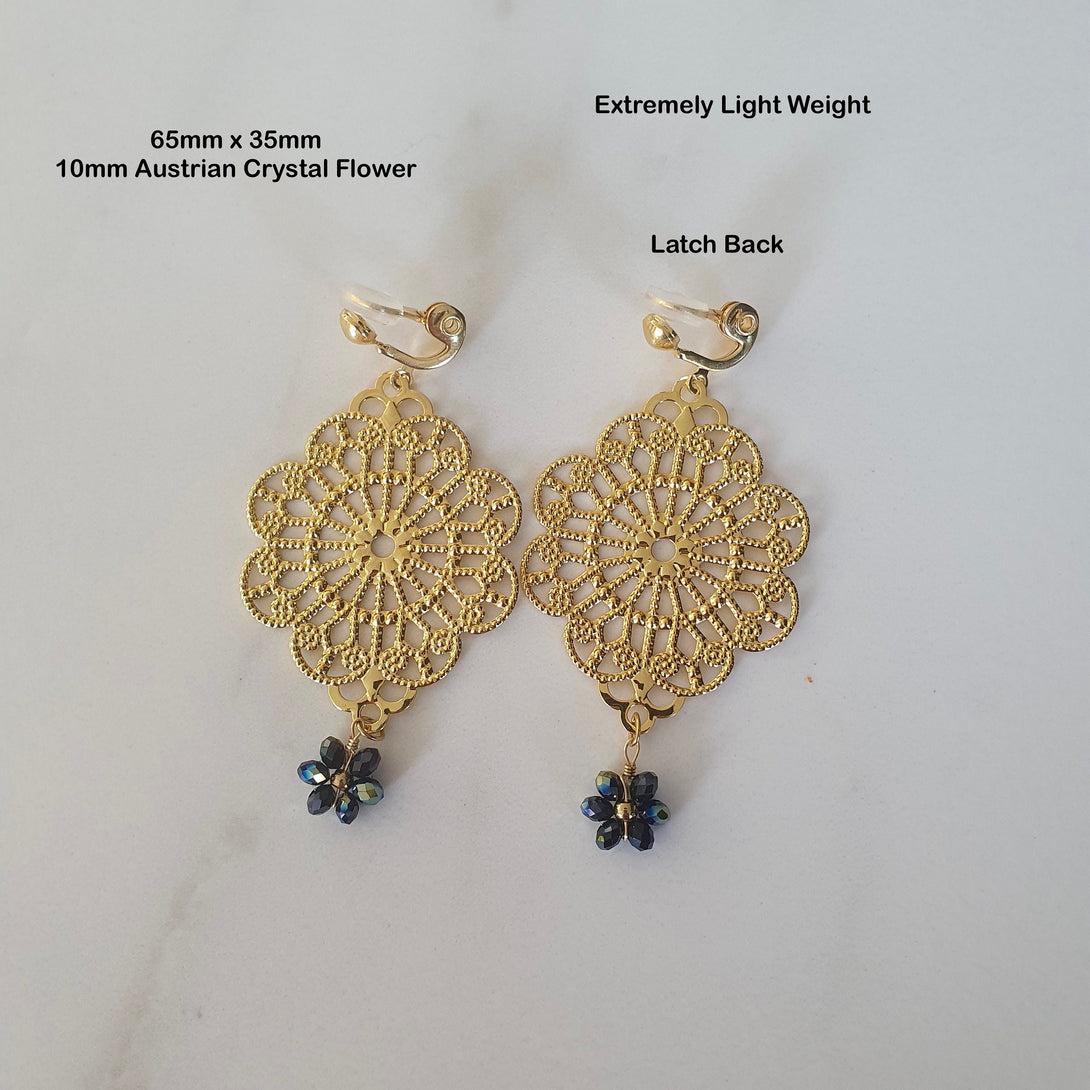 Clip On Filigree Earrings With Austrian Crystal, Large, Lightweight Earrings For Non Pierced Ears