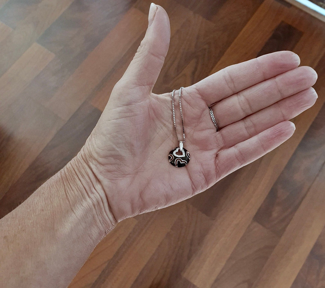 Sterling Silver And Black Enamel Heart Pendant Necklace