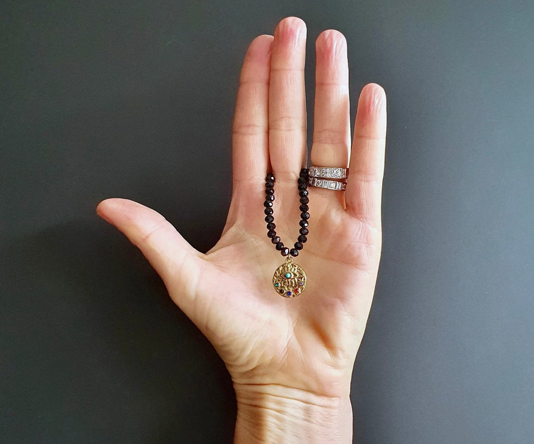 Onyx Bead Necklace With Evil Eye Charm And Turquoise Bead, Protective December Birthstone Handmade Jewellery