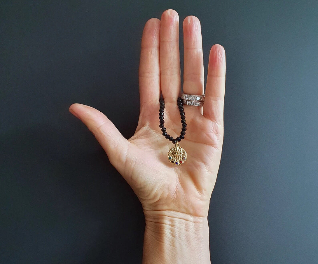 Black Onyx Bead Necklace With Evil Eye Charm, Protective, December Birthstone Jewellery