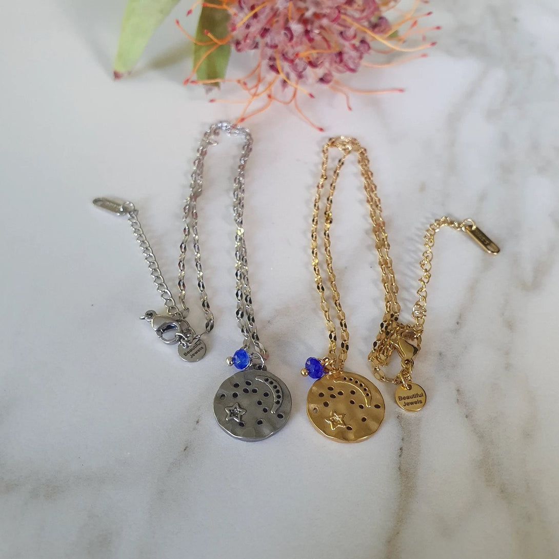 Gold or Silver Stainless Steel Sparkle Chain with Moon and Star Pendant Charm and Single Blue Dangle Sapphire, September Birthstone