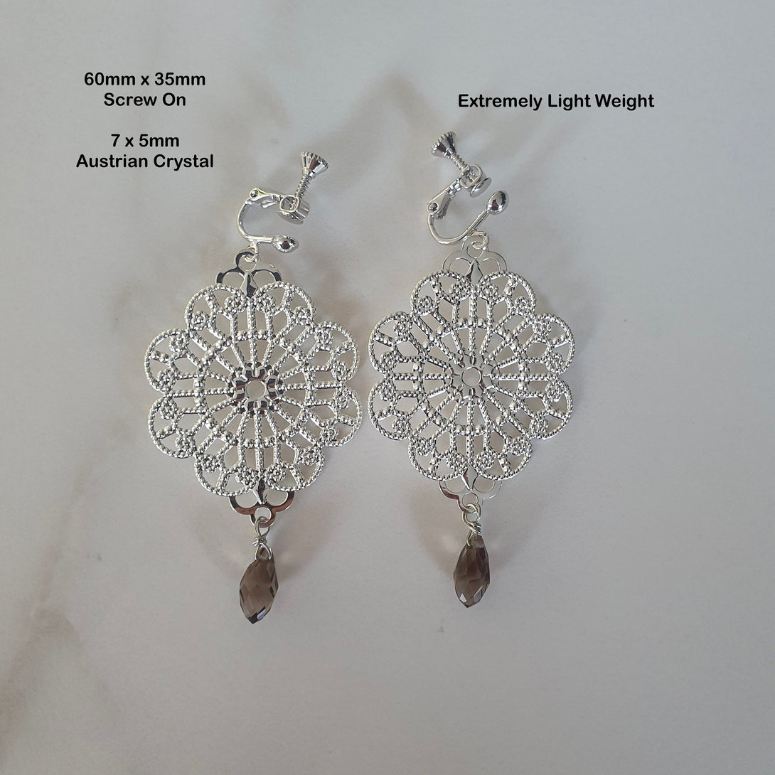 Clip On Filigree Earrings With Austrian Crystal, Large, Lightweight Earrings For Non Pierced Ears