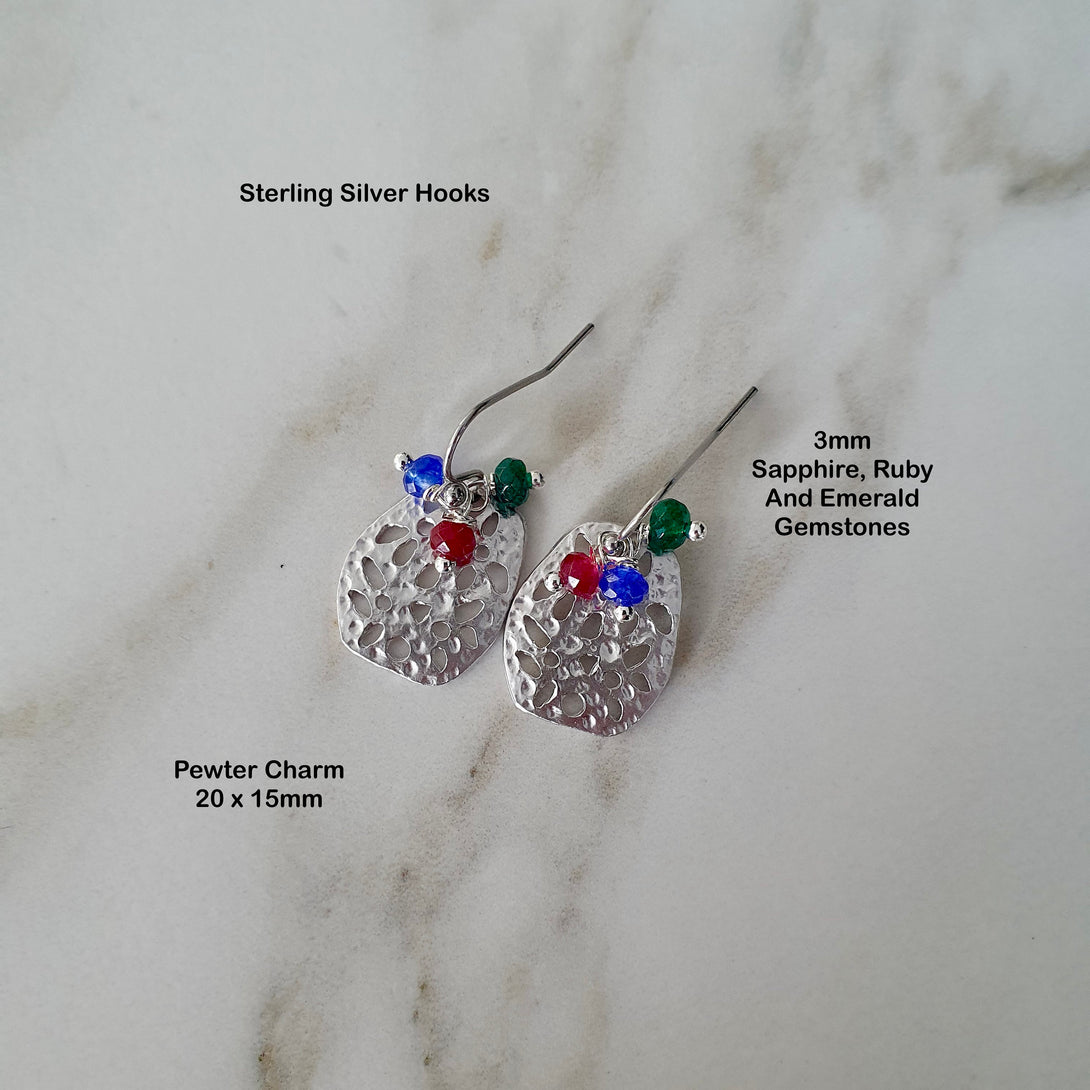 Flower Drop Earrings With Sapphire, Ruby Emerald, Symbolic Birthstone Jewellery, Trinity Pewter Earrings