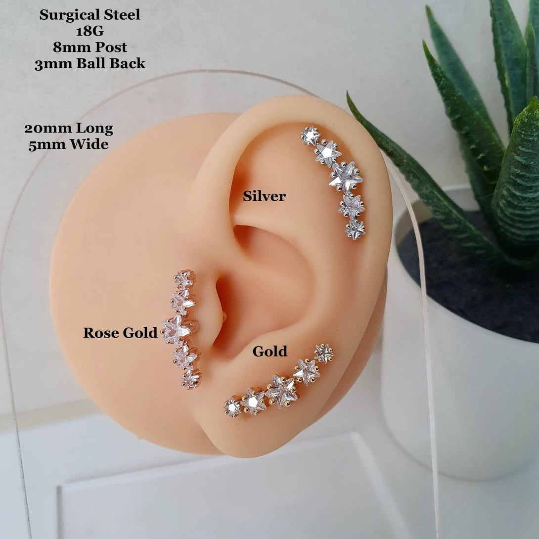 Star Helix Earring, Surgical Steel And CZ, Cartilage, Tragus, Conch Piercing Stud, Ball Back, 18G 8mm Post