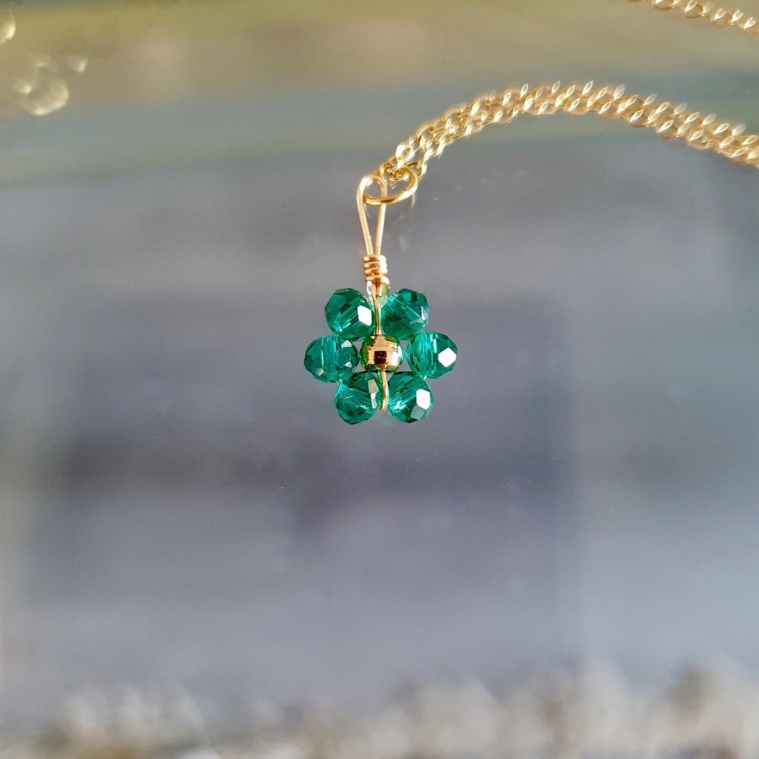 Emerald Green Austrian Crystal Flower Gold Pendant Necklace