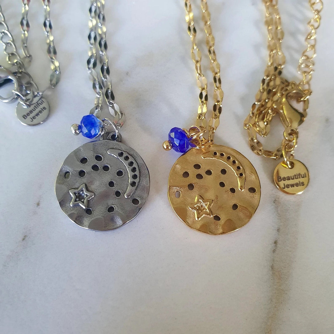 Gold or Silver Stainless Steel Sparkle Chain with Moon and Star Pendant Charm and Single Blue Dangle Sapphire, September Birthstone