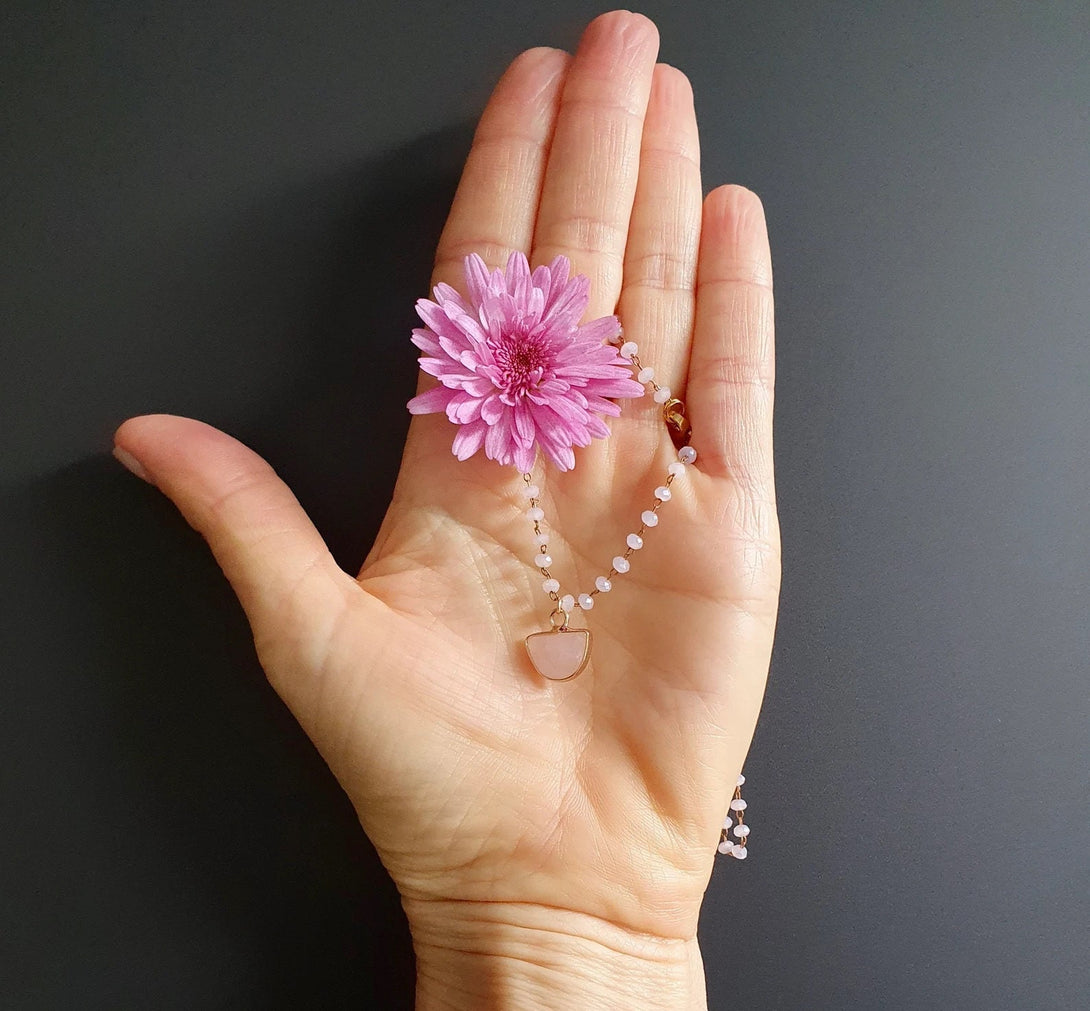 Pink Bead Necklace With Rose Quartz Pendant, Healing October Birthstone Jewellery, Mental Health Gift