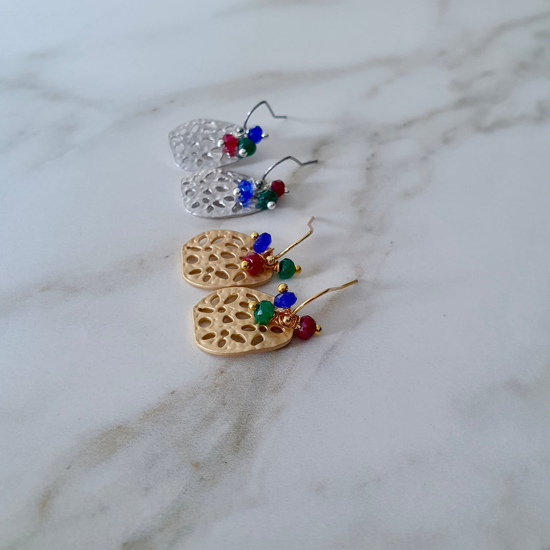 Flower Drop Earrings With Sapphire, Ruby Emerald, Symbolic Birthstone Jewellery, Trinity Pewter Earrings