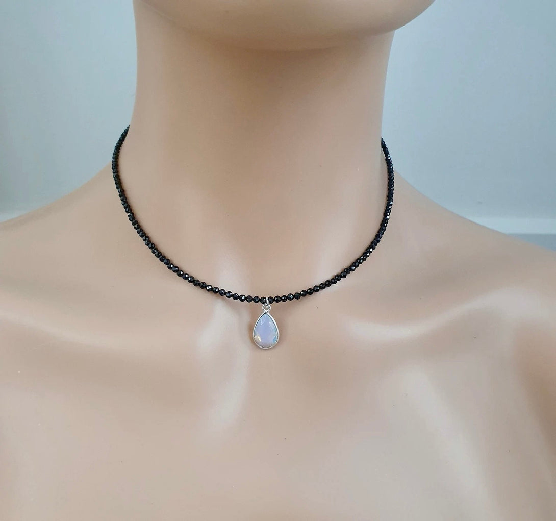 Onyx And Opal Bead Choker Necklace, October And December Birthstone Jewellery