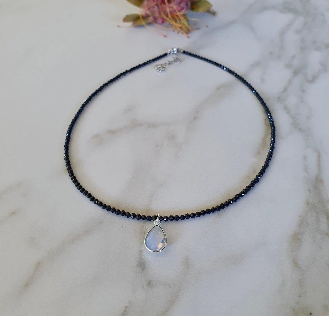 Onyx And Opal Bead Choker Necklace, October And December Birthstone Jewellery