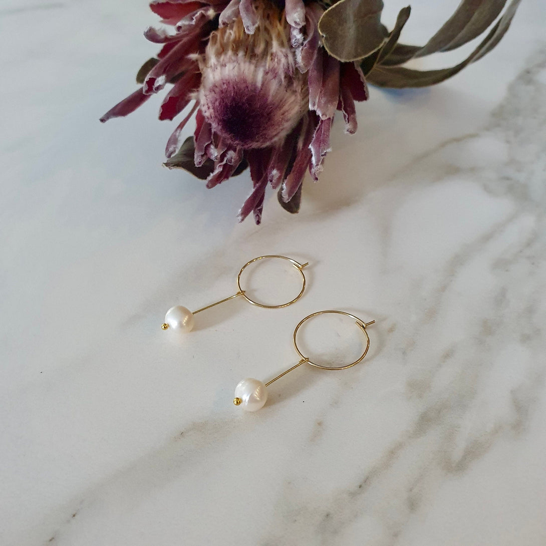 Minimalist Pearl Drop Hoop Earrings, Symbolic June Birthstone Jewellery