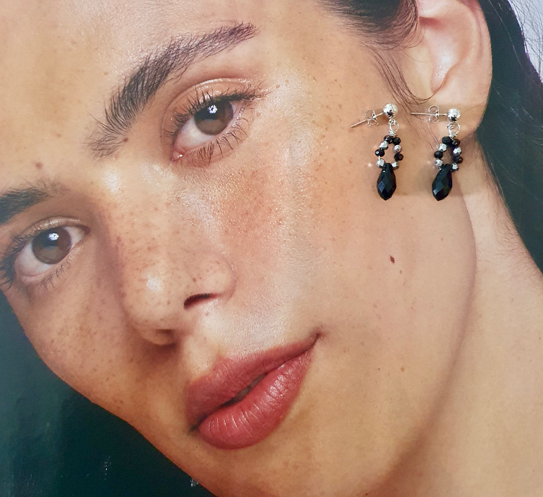 Pearl, Onyx And Austrian Crystal Briolette Stud Drop Earrings In Sterling Silver, Protective, Healing And Symbolic Birthstone Jewellery