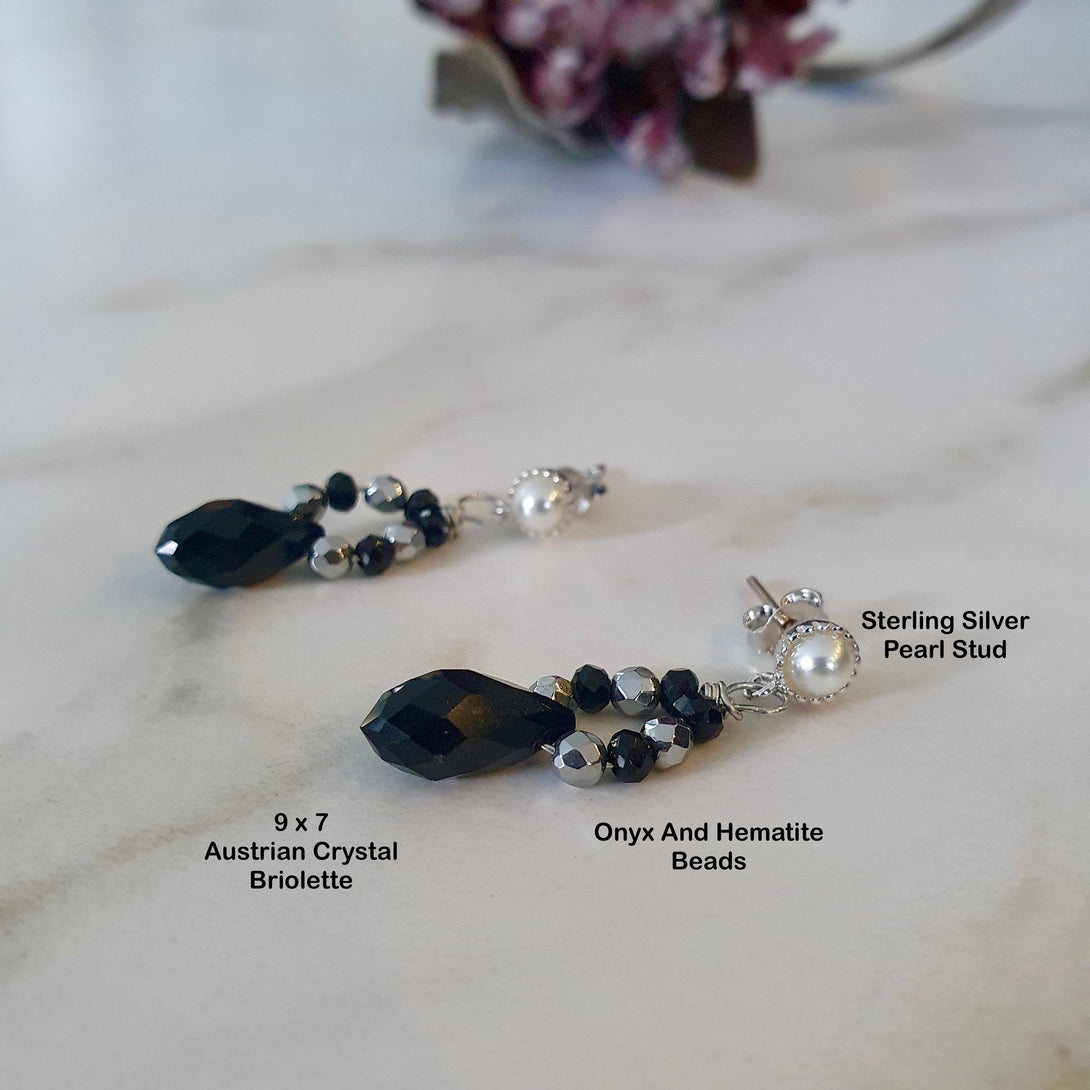 Pearl, Onyx And Austrian Crystal Briolette Stud Drop Earrings In Sterling Silver, Protective, Healing And Symbolic Birthstone Jewellery