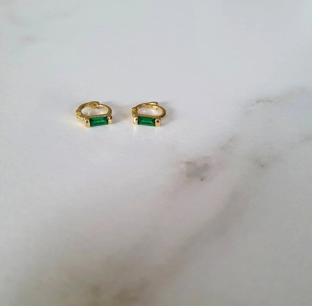 Mini CZ Layer Hoop Earrings In Sterling Silver And Gold, Emerald Green, Sapphire Blue And Clear