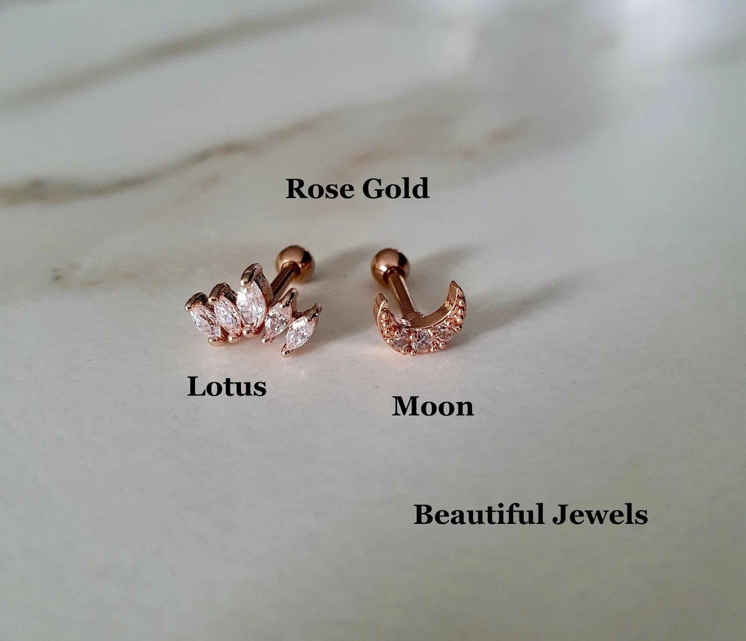 Cute Cz Helix, Cartilage, Multipiercing Screw Back Studs, Leaf, Flower, Lotus, Crescent Moon