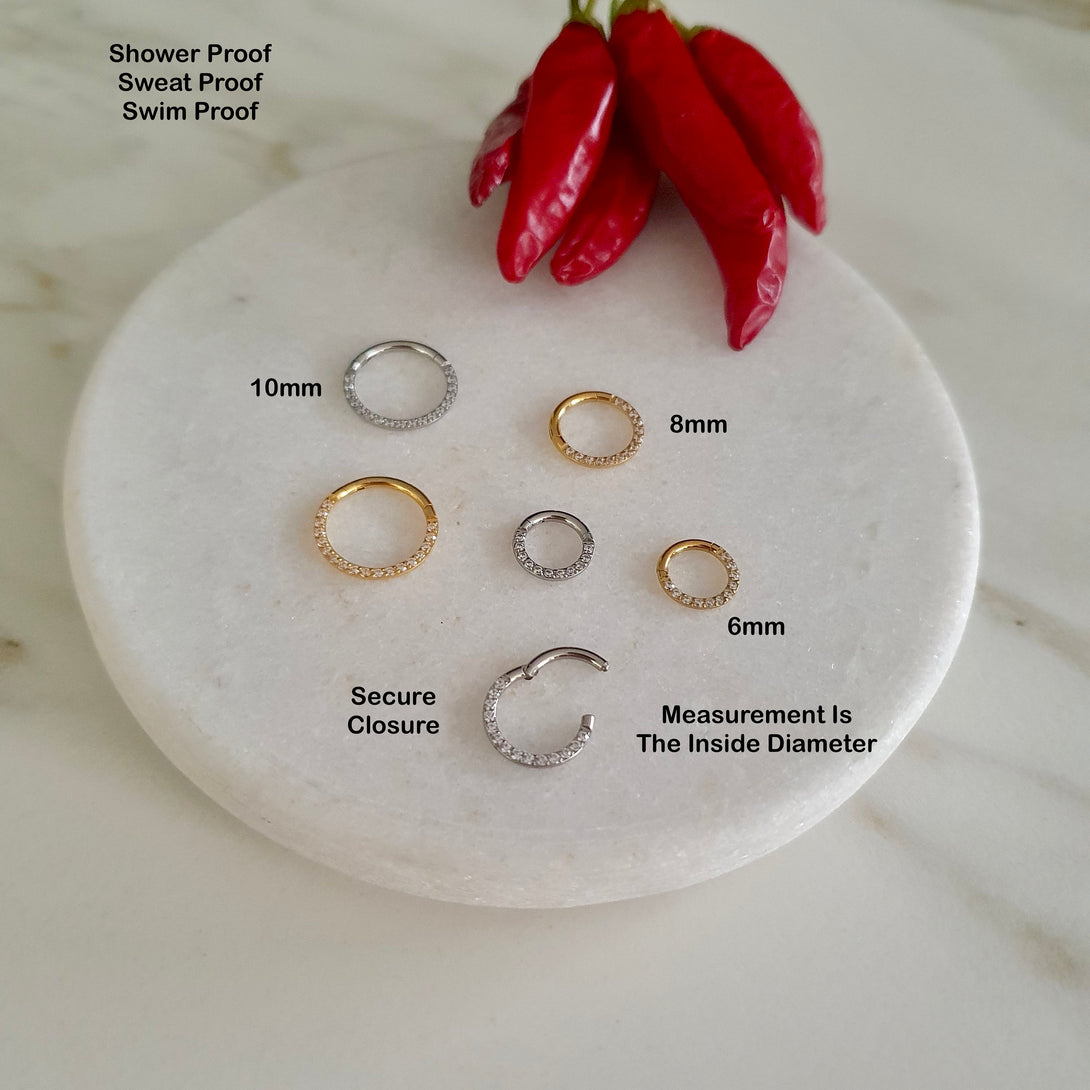 Single Tiny Septum Clicker Ring, CZ Daith, Rook, Hoop, Lip, Helix Ring In Surgical Steel, 16/18 Gauge, 6MM, 8MM or 10MM