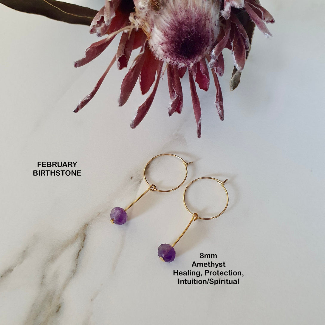 Minimalist Gemstone Drop Hoop Earrings, Symbolic Birthstone Jewellery, Hypoallergenic