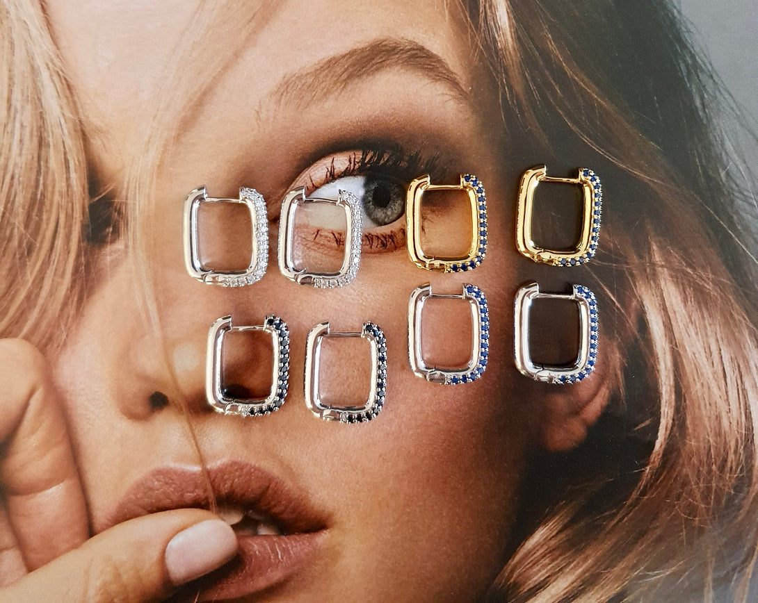 Chunky Cubic Huggie Hoop Earrings, Layer Earrings, Coloured Crystal Hoops, Pave Chain Link Earrings, Pair