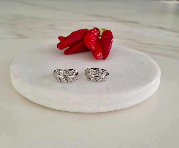 Crystal Leaf Design Mini Hoop Earrings, Huggie Hoops In Sterling Silver, Helix, Cartilage Earrings