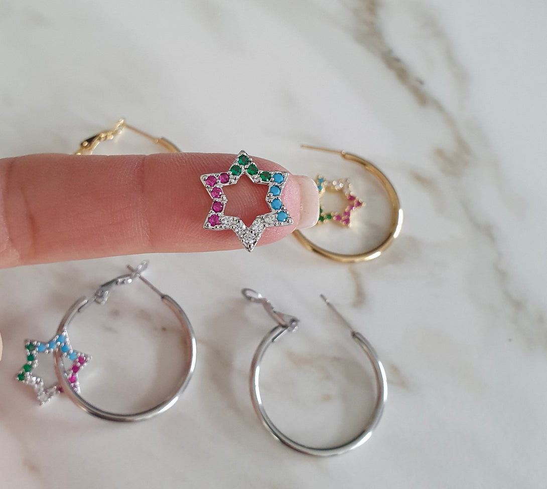 Detachable Star Charm Hoop Earrings, Symbolic, Rainbow Colour Jewellery