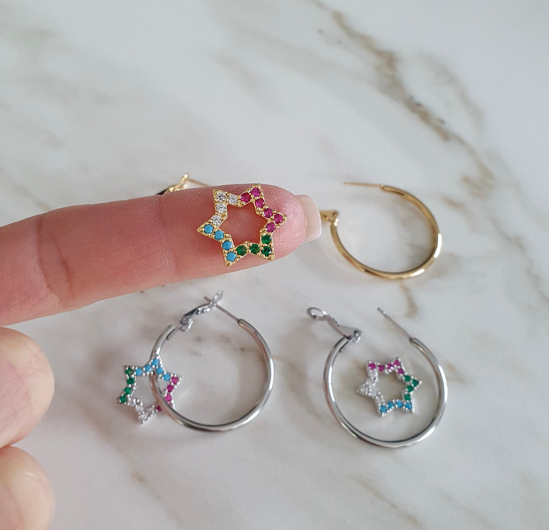 Detachable Star Charm Hoop Earrings, Symbolic, Rainbow Colour Jewellery