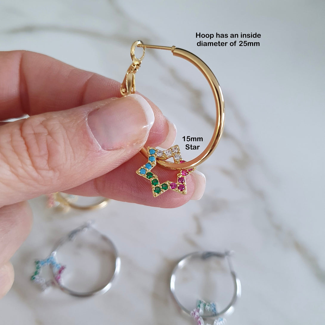 Detachable Star Charm Hoop Earrings, Symbolic, Rainbow Colour Jewellery