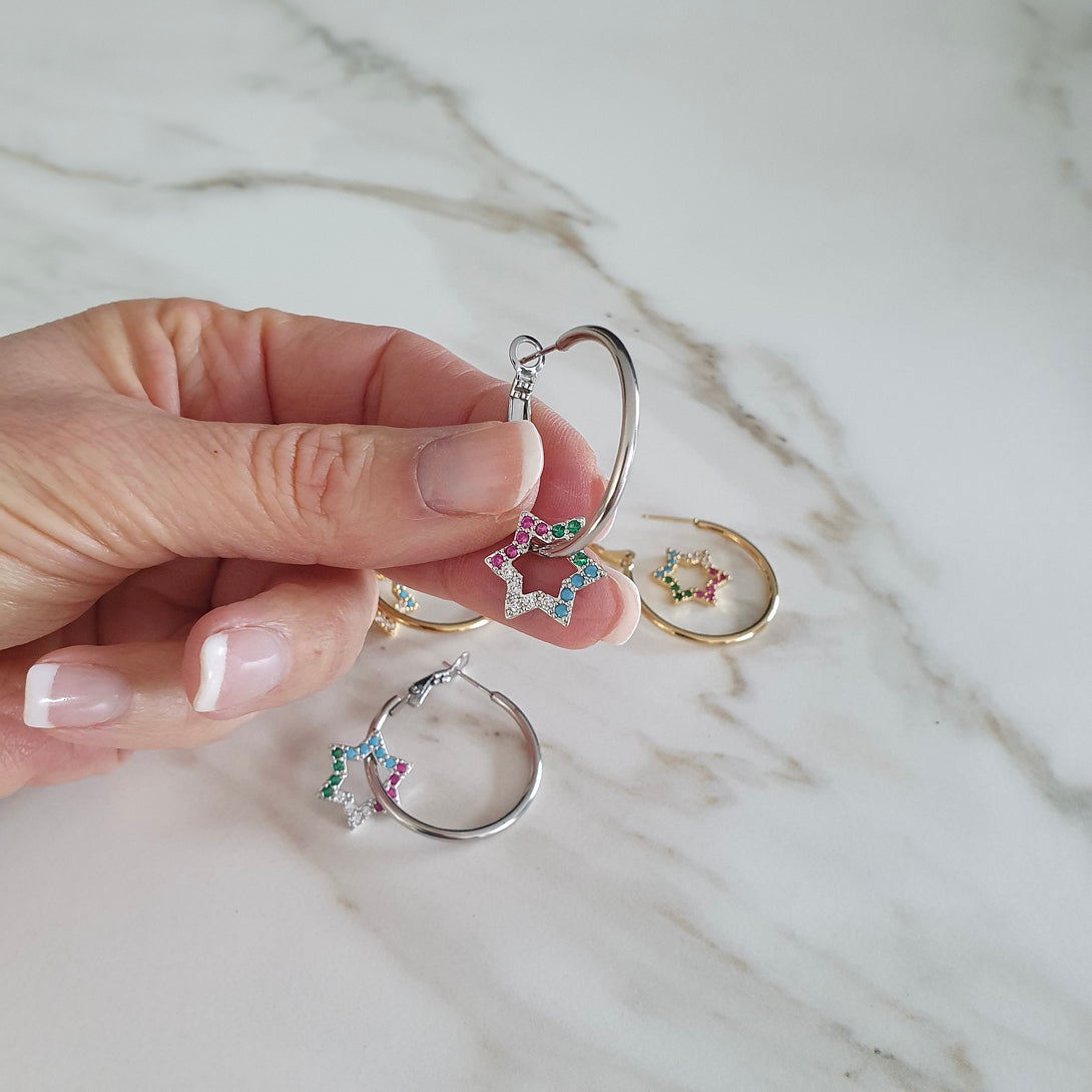 Detachable Star Charm Hoop Earrings, Symbolic, Rainbow Colour Jewellery