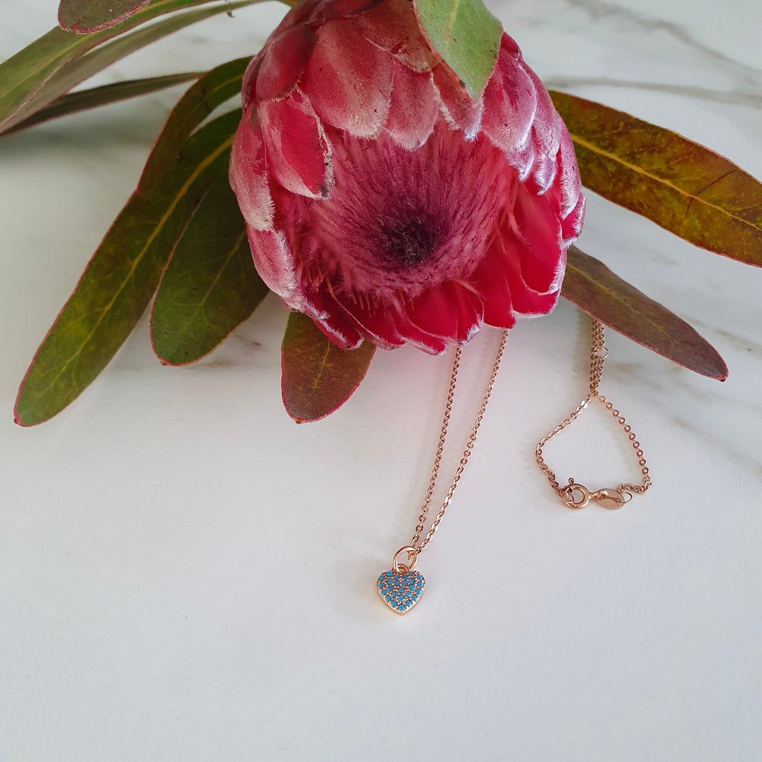 Turquoise And Rose Gold Heart Necklace, December Birthstone Jewellery