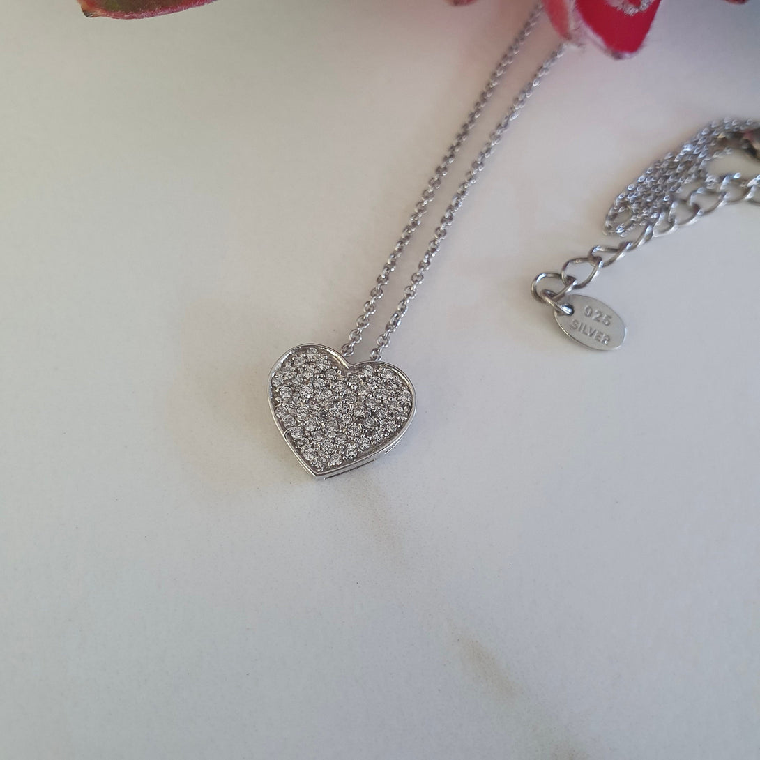 Flat Sterling Silver Pave Heart Necklace, Symbolic Gifts Of Love