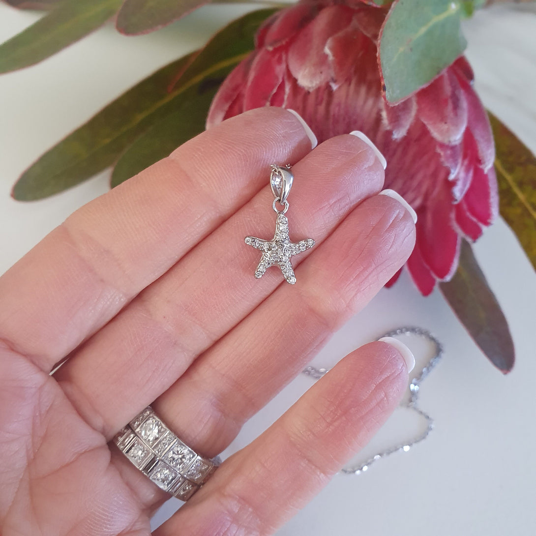 Sterling Silver And Zircon Starfish Necklace, Symbolic Gifts