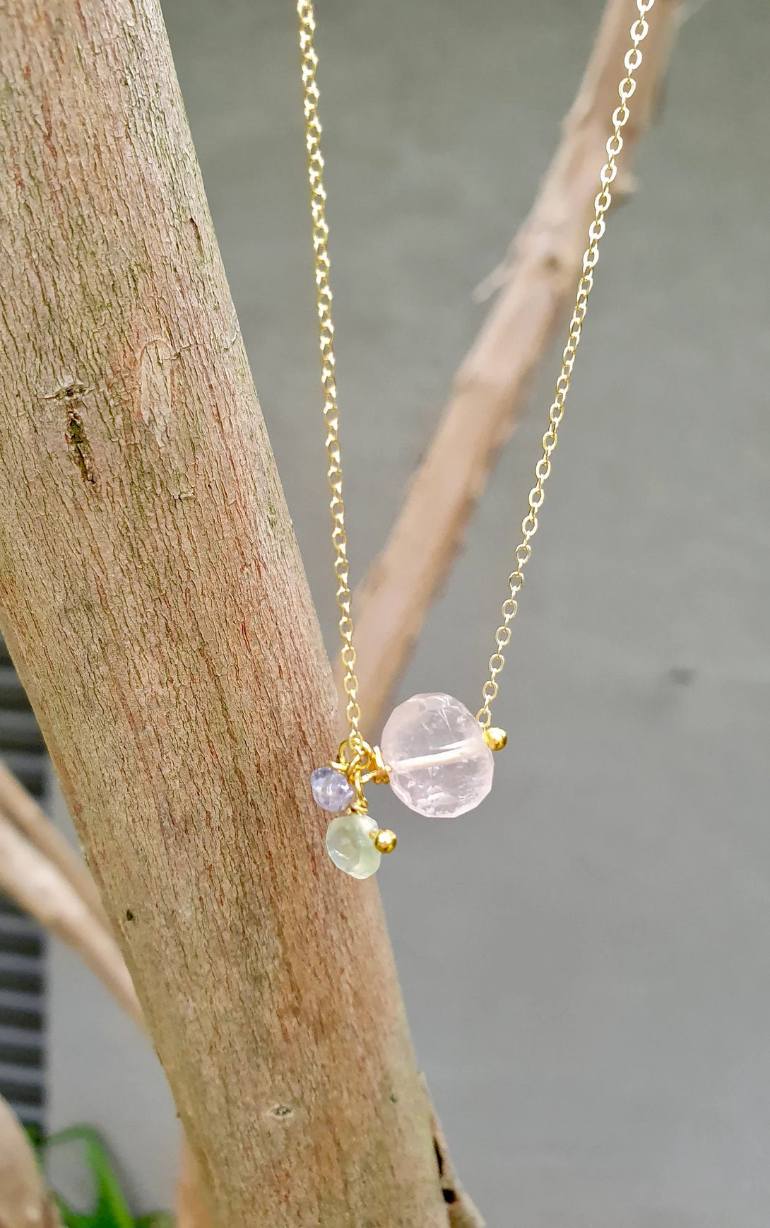 Rose Quartz, Peridot and Tanzanite Necklace in Gold: A Multi-Birthstone Jewellery Gift for Women