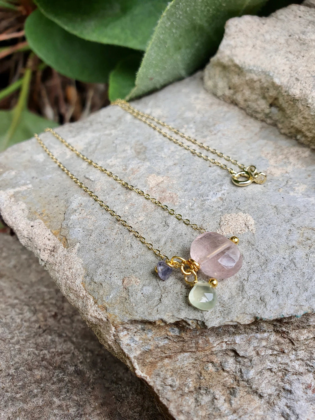 Rose Quartz, Peridot and Tanzanite Necklace in Gold: A Multi-Birthstone Jewellery Gift for Women