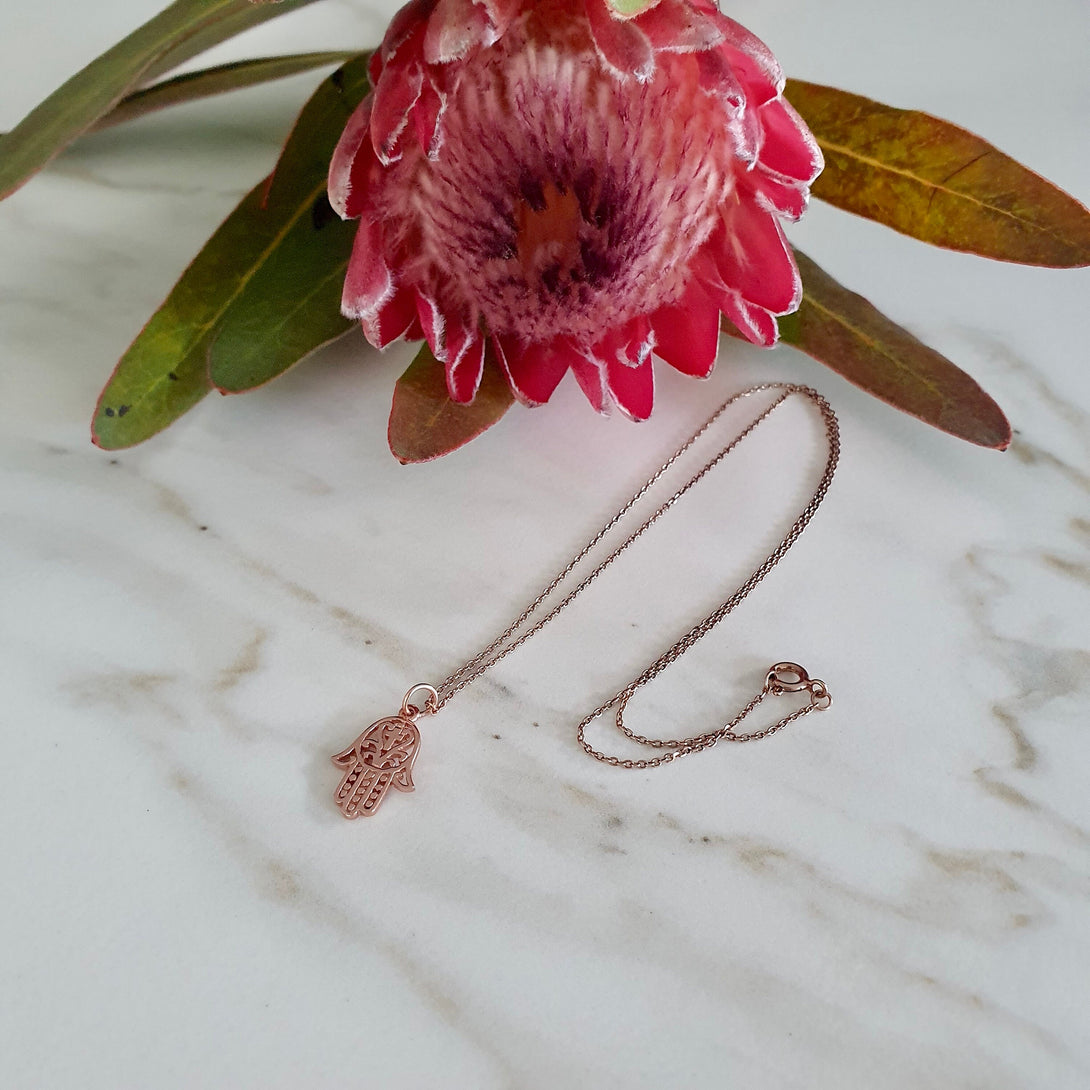 Rose Gold Hamsa And Cross Necklace, Symbolic, Protective Jewellery