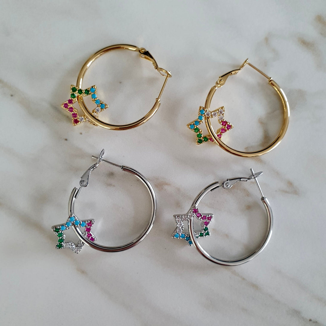 Detachable Star Charm Hoop Earrings, Symbolic, Rainbow Colour Jewellery