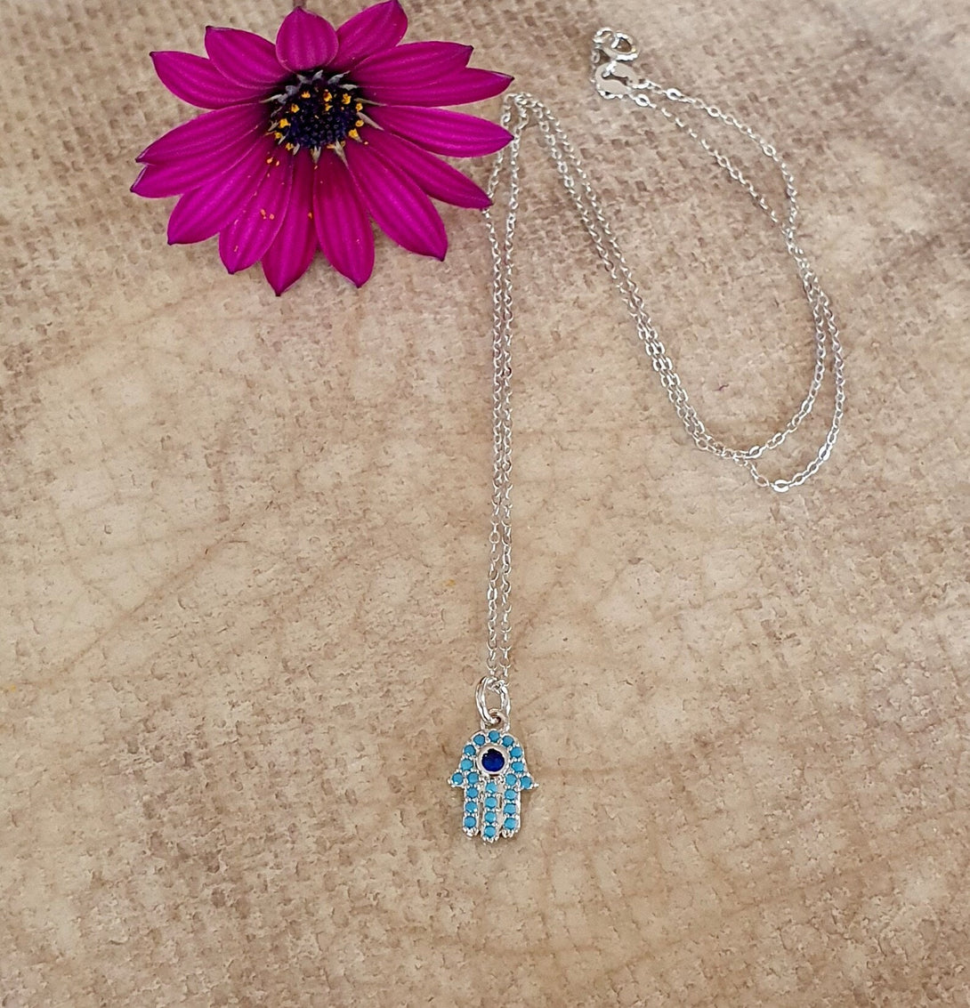 Micro Pave Blue Crystal Sterling Silver Hamsa Hand Necklace