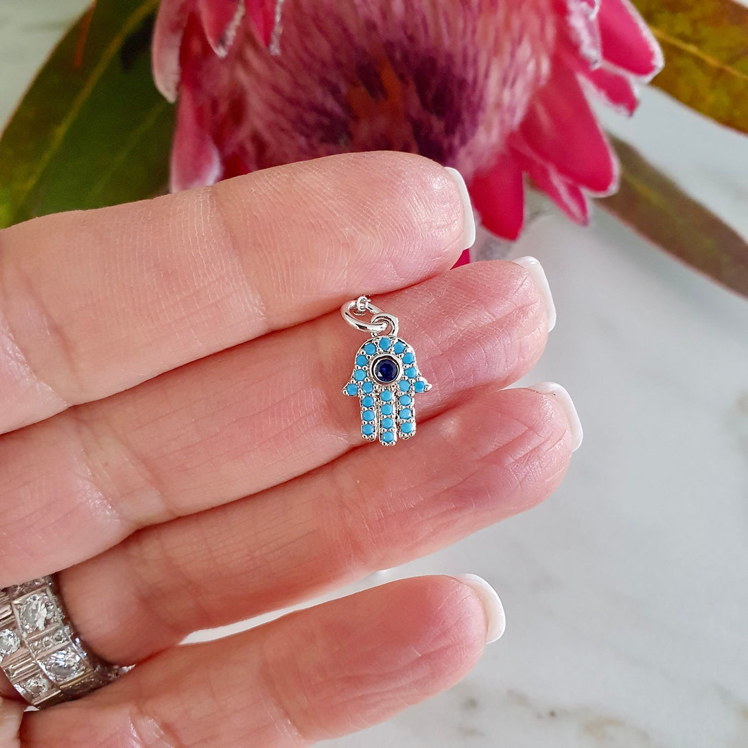 Turquoise Hamsa Necklace On A Rose Gold Sparkle Chain, Symbolic, Protective, December Birthstone Jewellery, Hand Of Fatima