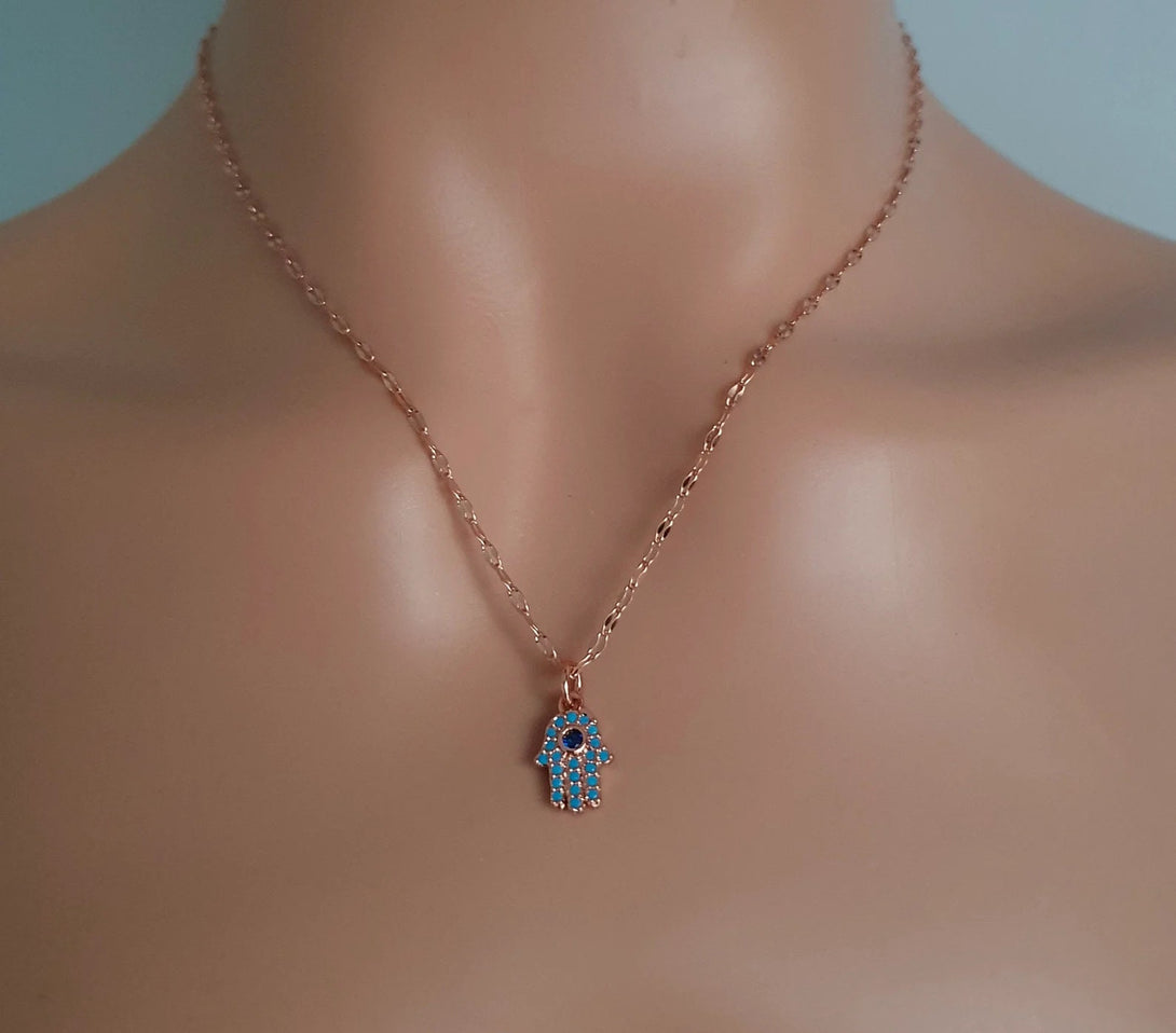 Turquoise Hamsa Necklace On A Rose Gold Sparkle Chain, Symbolic, Protective, December Birthstone Jewellery, Hand Of Fatima