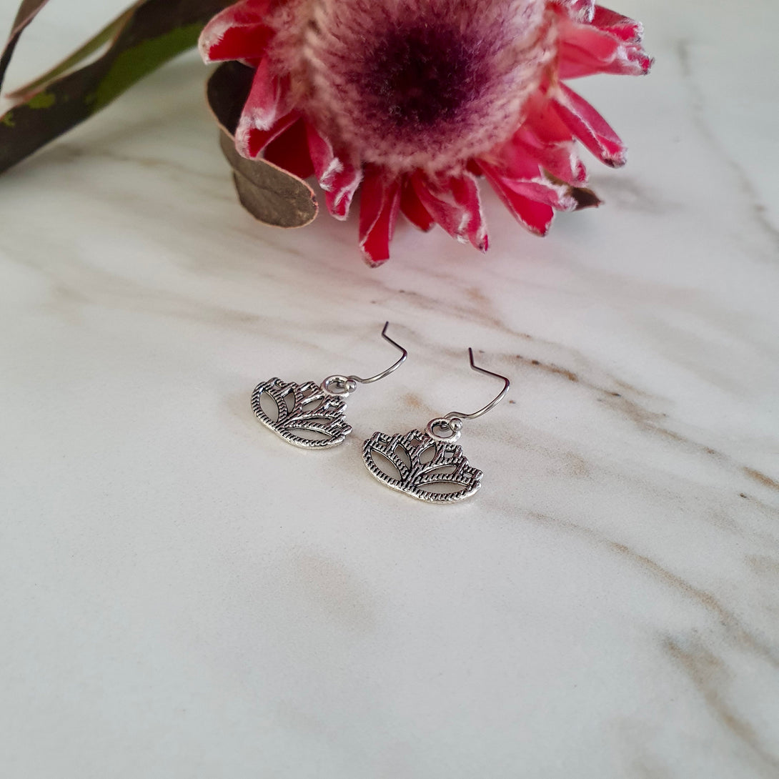 Boho Lotus Drop Earrings In Textured Stainless Steel