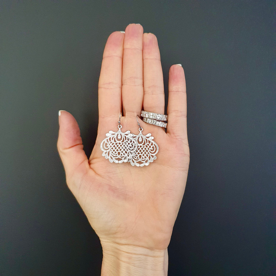 Filigree Lotus Earrings In Pewter And Sterling Silver