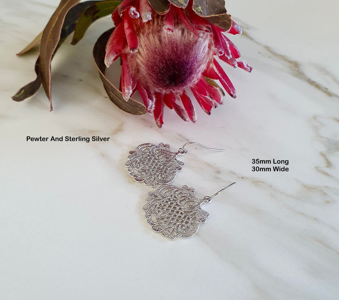 Filigree Lotus Earrings In Pewter And Sterling Silver