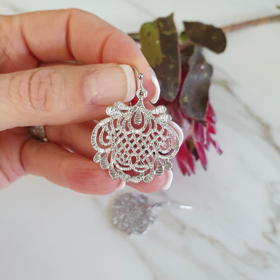 Filigree Lotus Earrings In Pewter And Sterling Silver