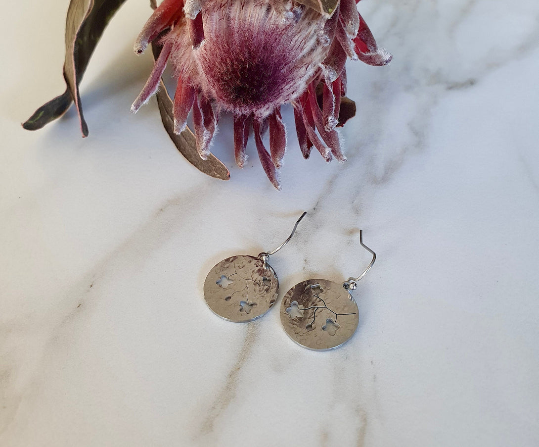 Hammered Silver Cherry Blossom Disc Earrings