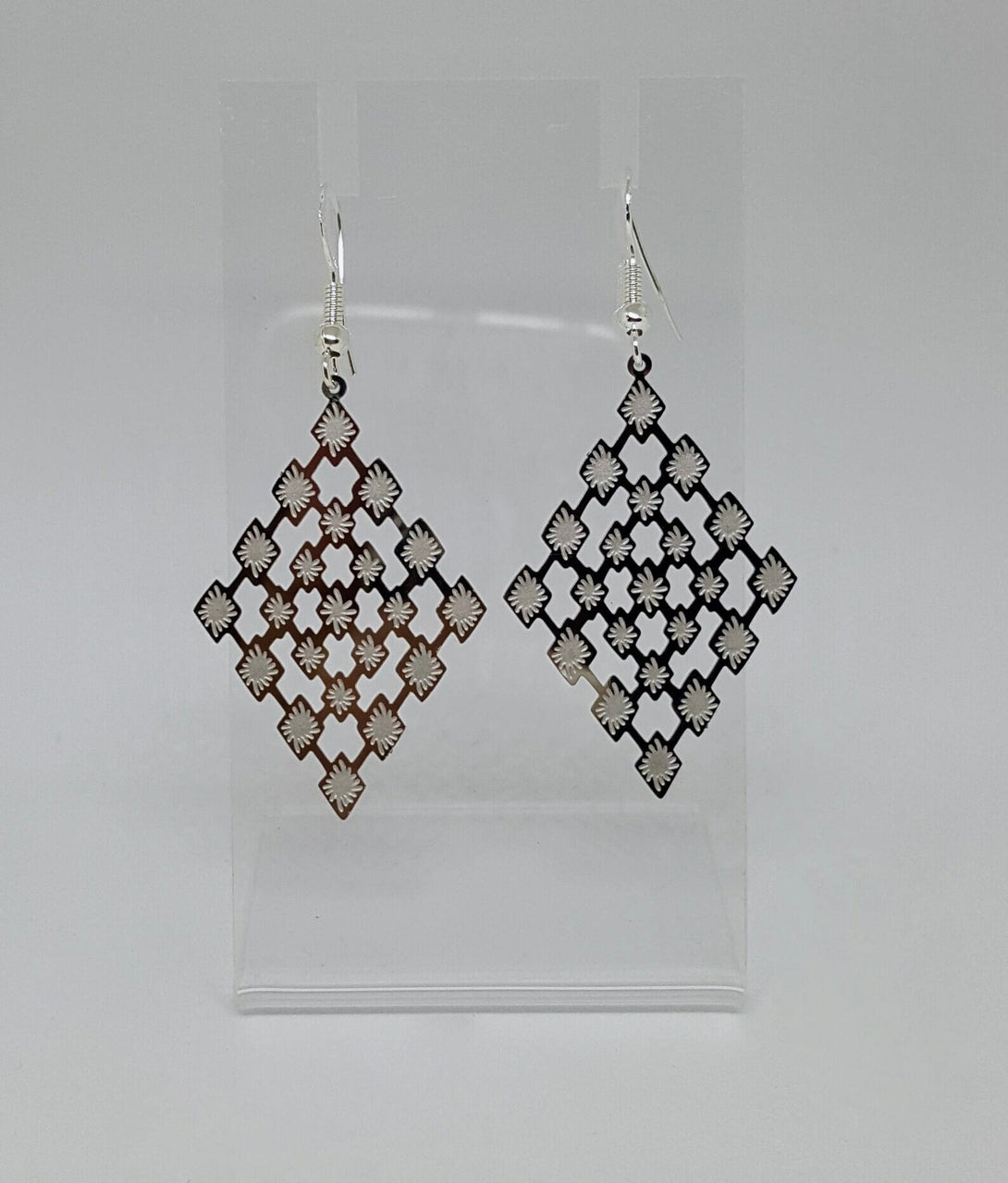 Flower Motif Stainless Steel Diamond Shape Drop Earrings